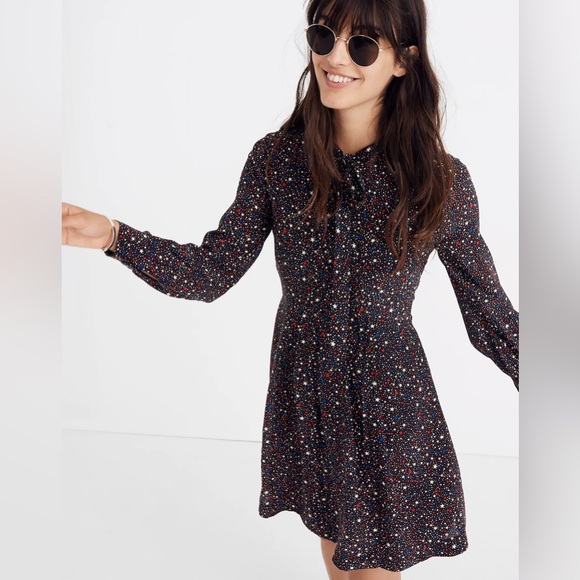 Madewell Silk Balsam Tie Neck Star‎ Printed Dress Memorial Day Fourth of July - Picture 2 of 11